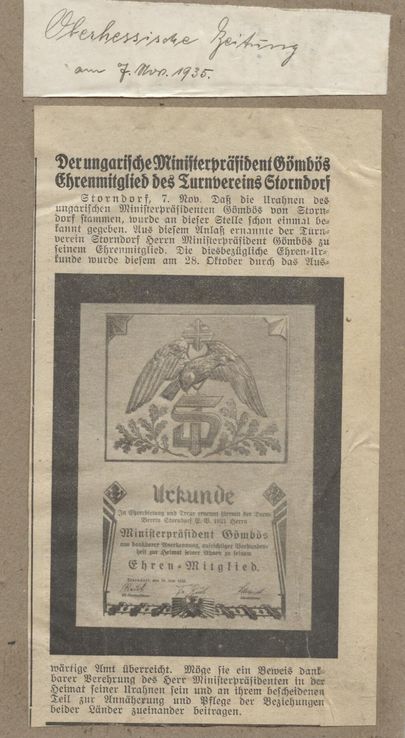 1935 Goemboes ungarischer Ministerpraesident Ehrenmitglied TV Storndorf small